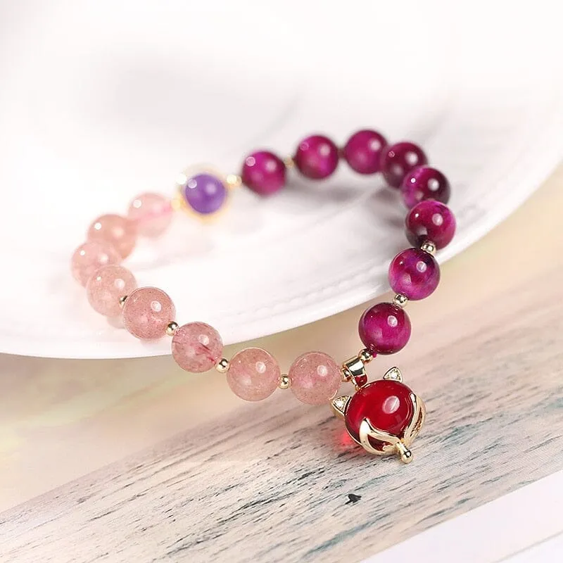 Natural Strawberry Crystal/Amethyst/Rose Red Tiger Eye Beads Bracelet