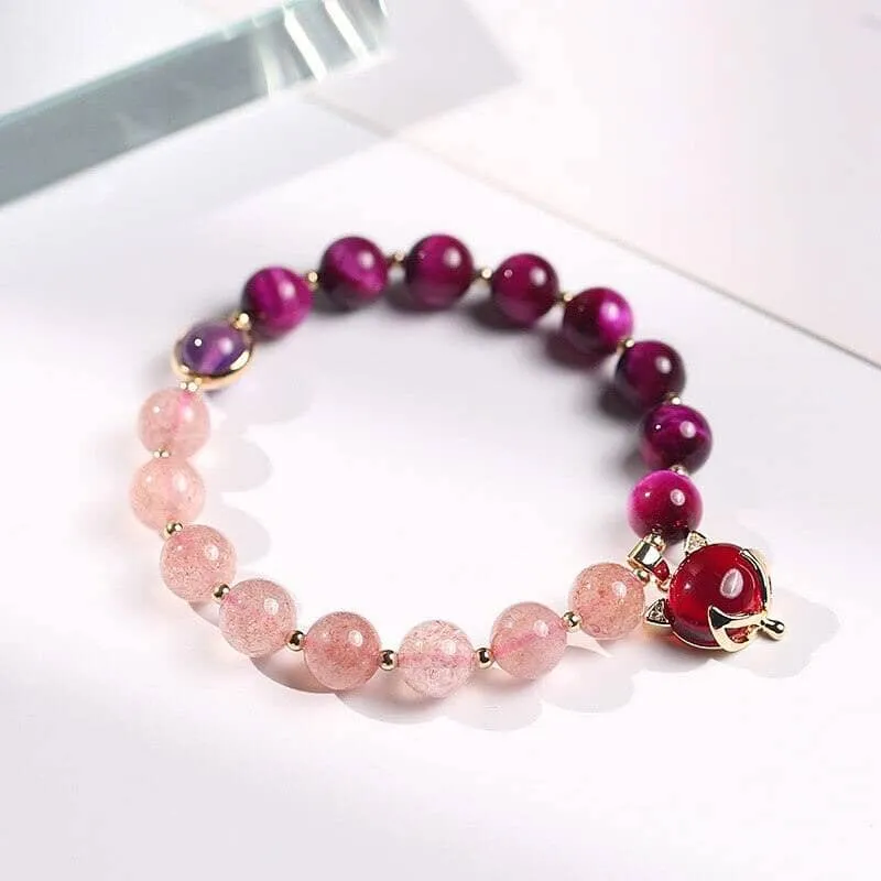 Natural Strawberry Crystal/Amethyst/Rose Red Tiger Eye Beads Bracelet