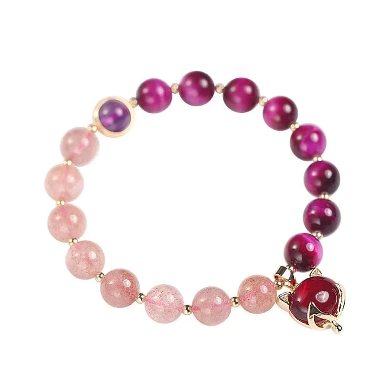 Natural Strawberry Crystal/Amethyst/Rose Red Tiger Eye Beads Bracelet