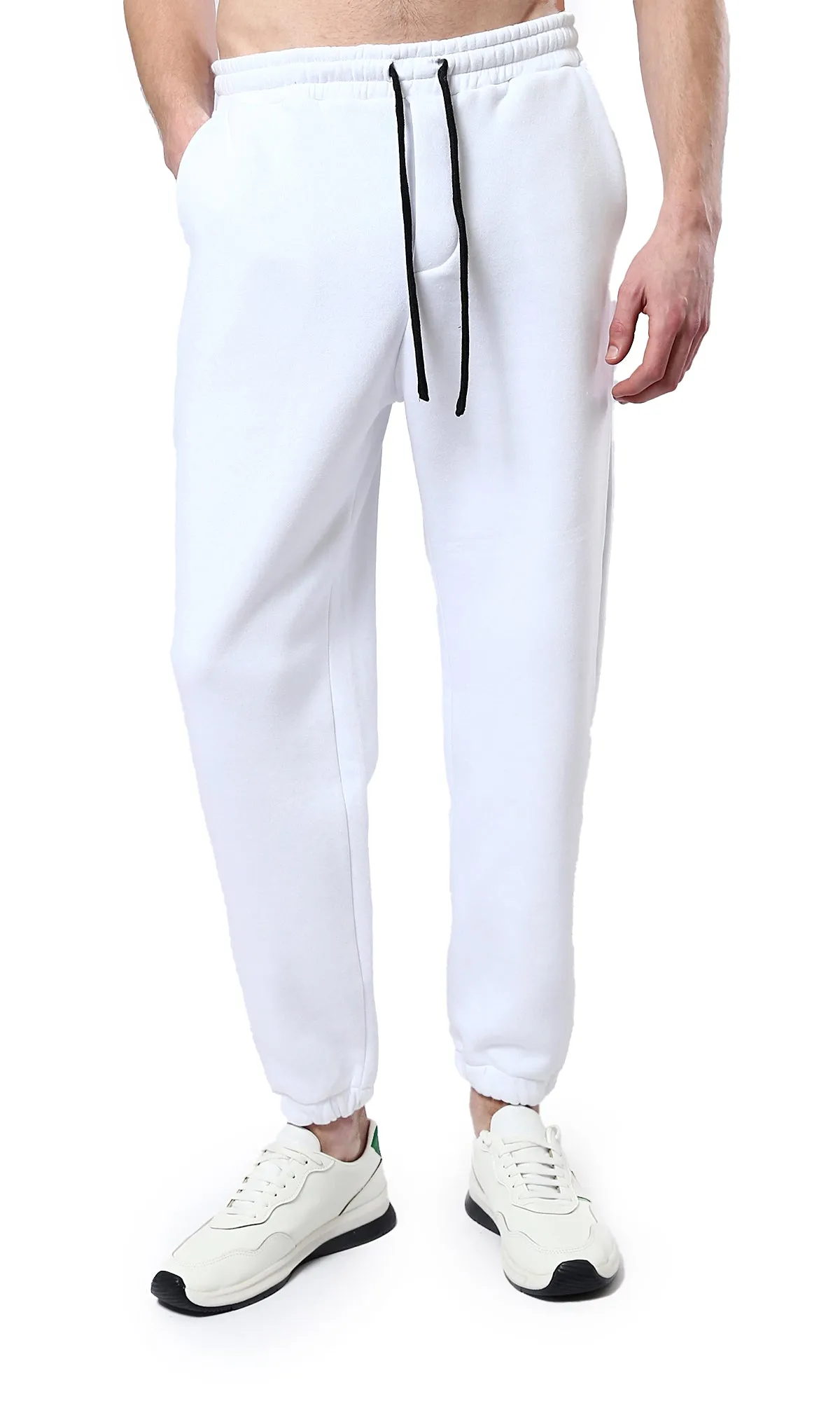 O178900 White Slip On Solid Jogger Pants With Hem