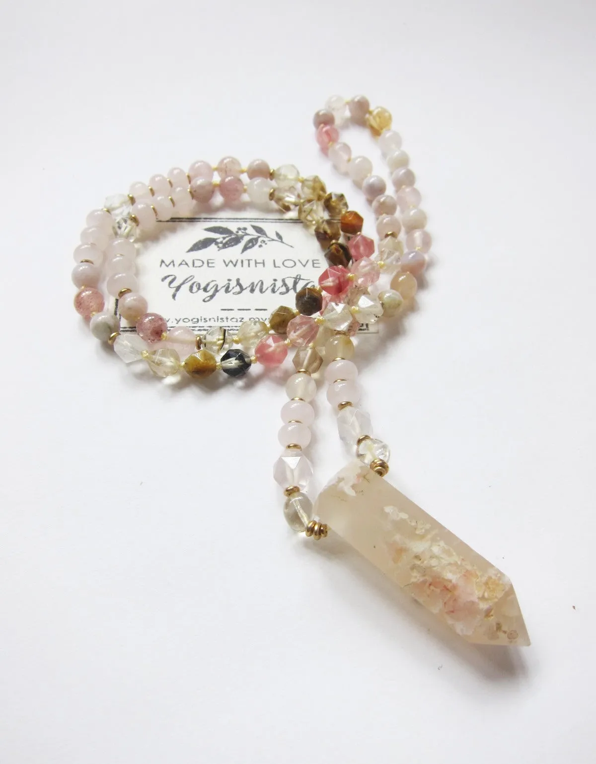 Pink Flower Agate Beaded Necklace in matching Flower Agate Pendant Point