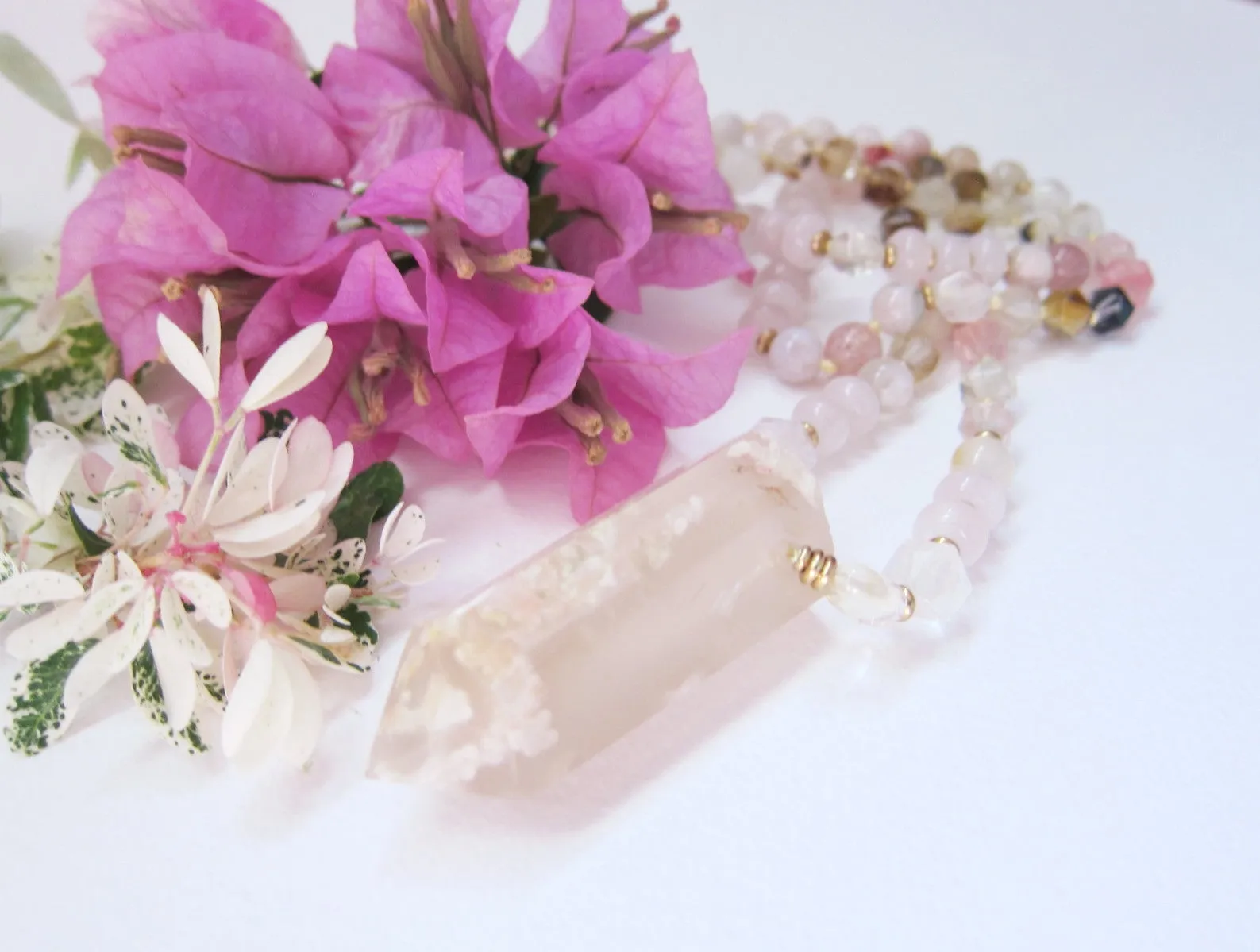 Pink Flower Agate Beaded Necklace in matching Flower Agate Pendant Point