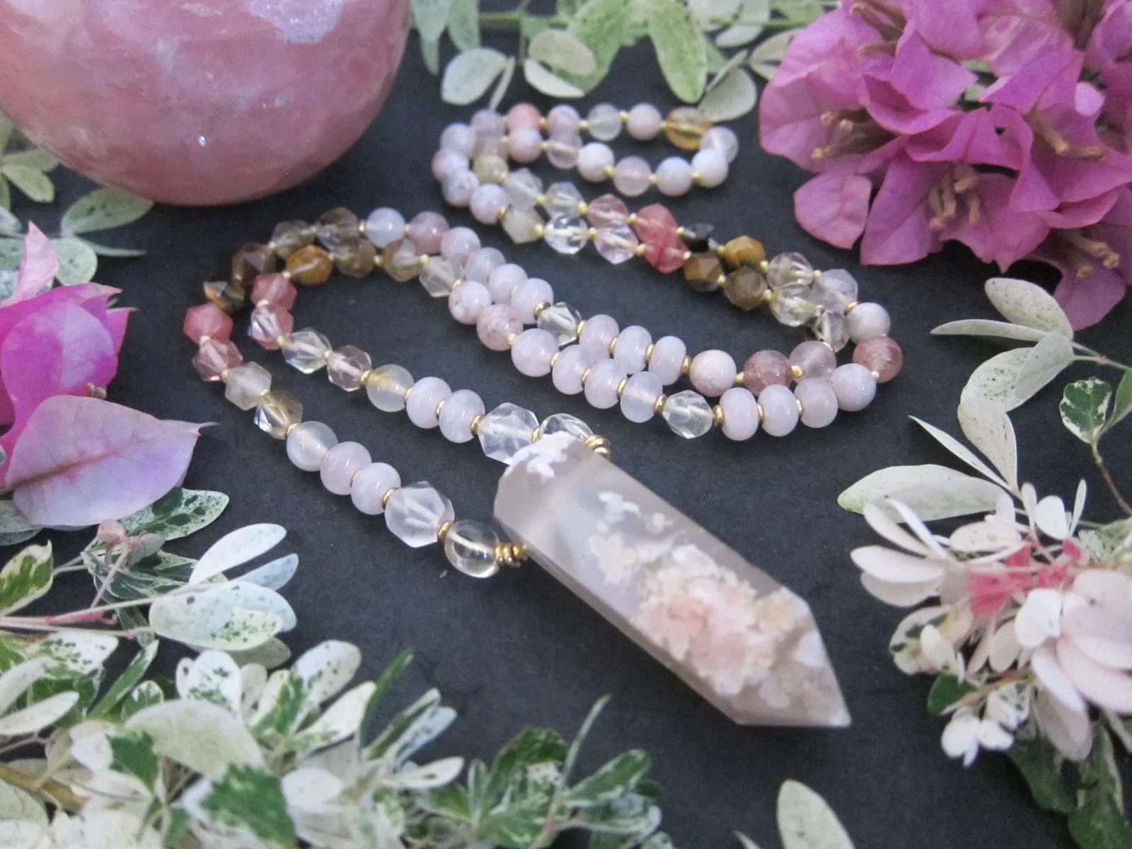 Pink Flower Agate Beaded Necklace in matching Flower Agate Pendant Point