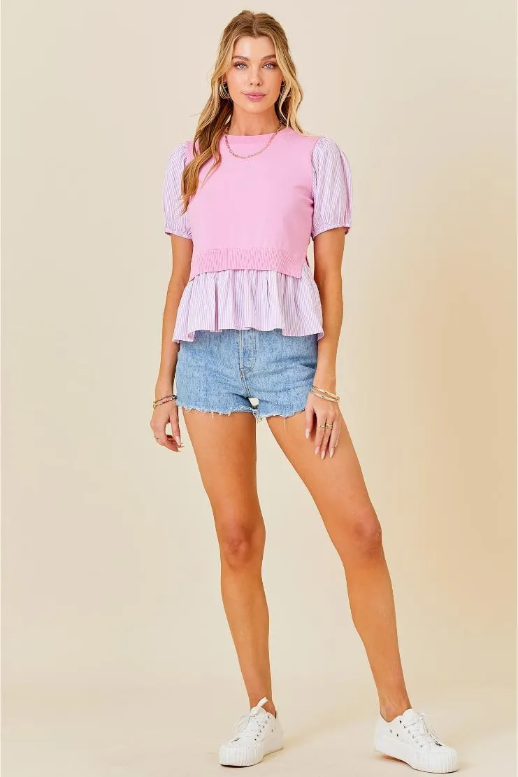 Pink Knit & Pin Striped Contrast Short Sleeve