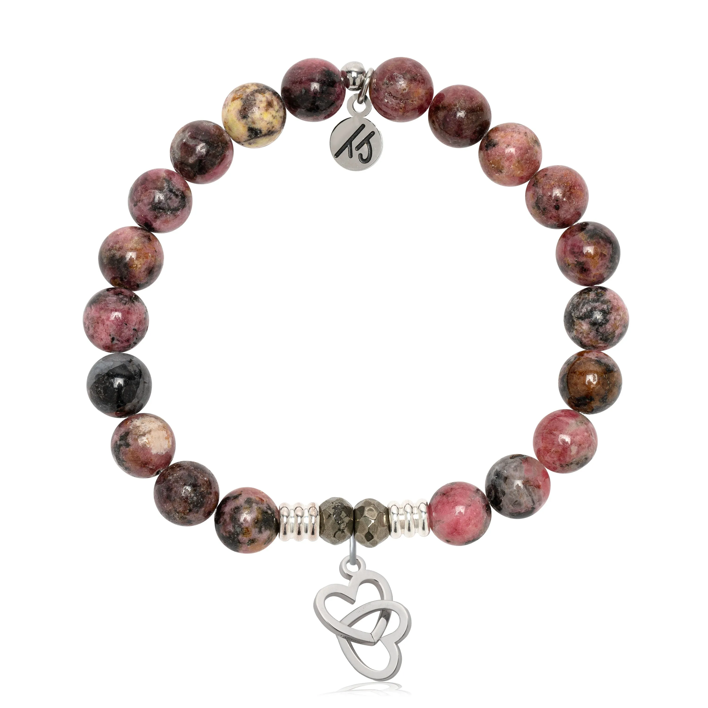 Pink Rhodonite Gemstone Bracelet with Linked Hearts Sterling Silver Charm