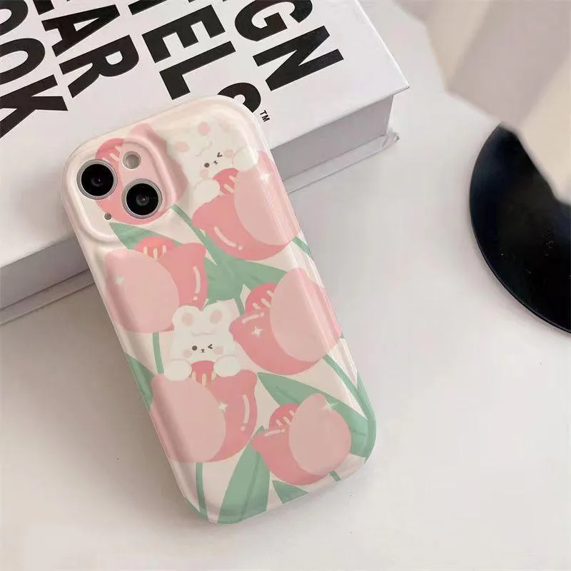 Pink Tulip Rabbit Cute Phone Case With Holder For iPhone 14 Plus, 7, 8, X, XS, XR, 11, 12, and 13 Pro Max