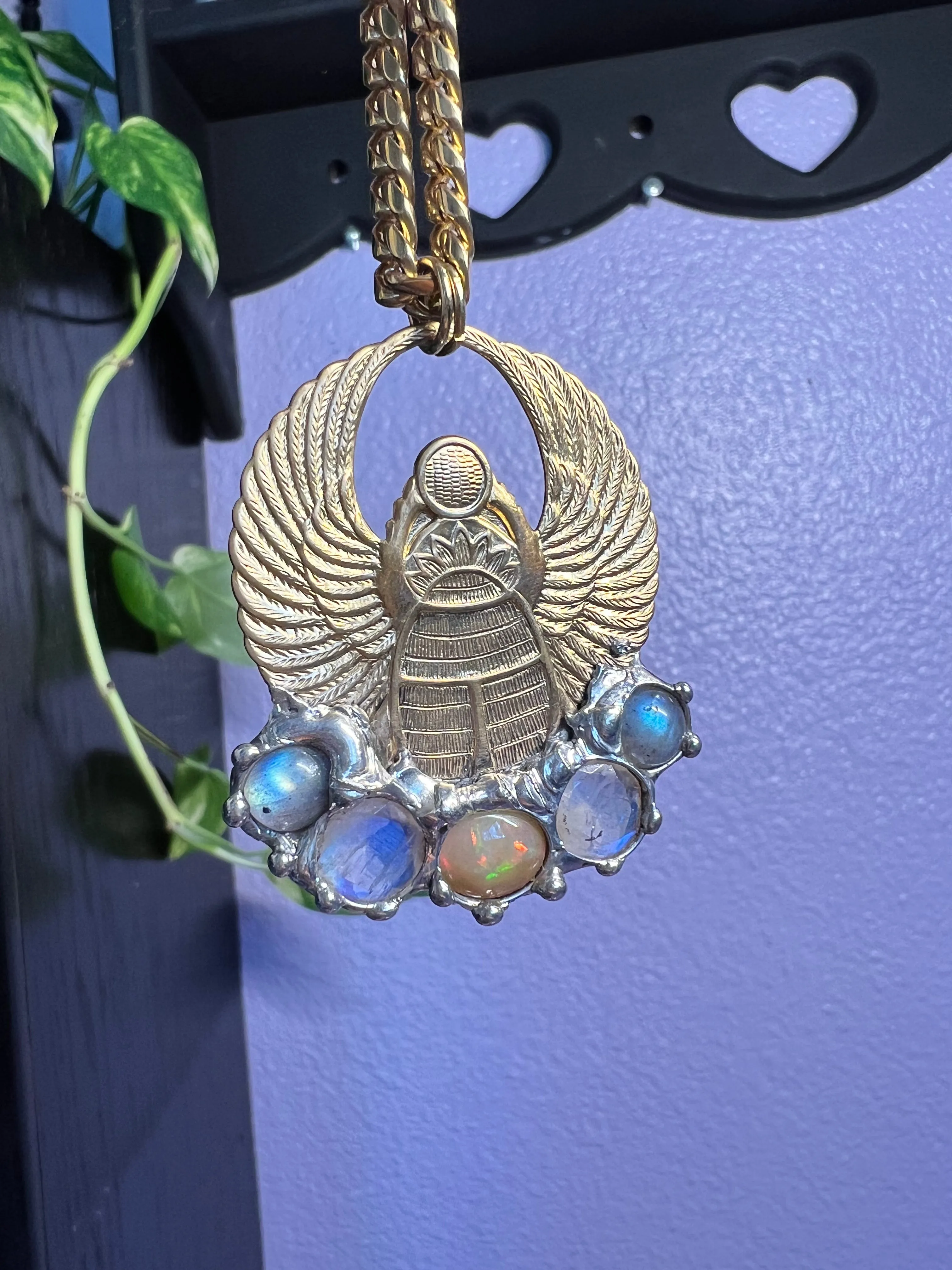 Scarab Beetle Amulet with Opal, Moonstone & Labradorite