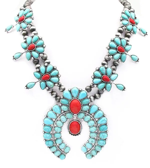 Silver Navajo Pearl Beaded Squash Blossom with Turquoise and Red Stones