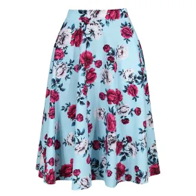 Sky Blue Floral Rockabilly 50s Swing Skirt