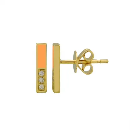 Split Bar Stud Earrings with Orange Enamel & Diamonds