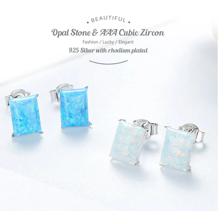 Sterling silver simple squared blue opal stone earring