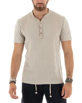 T-shirt Uomo Collo Serafino Bottoni Tinta Unita Manica Corta Cotone Beige Casual GIOSAL-TS2958A