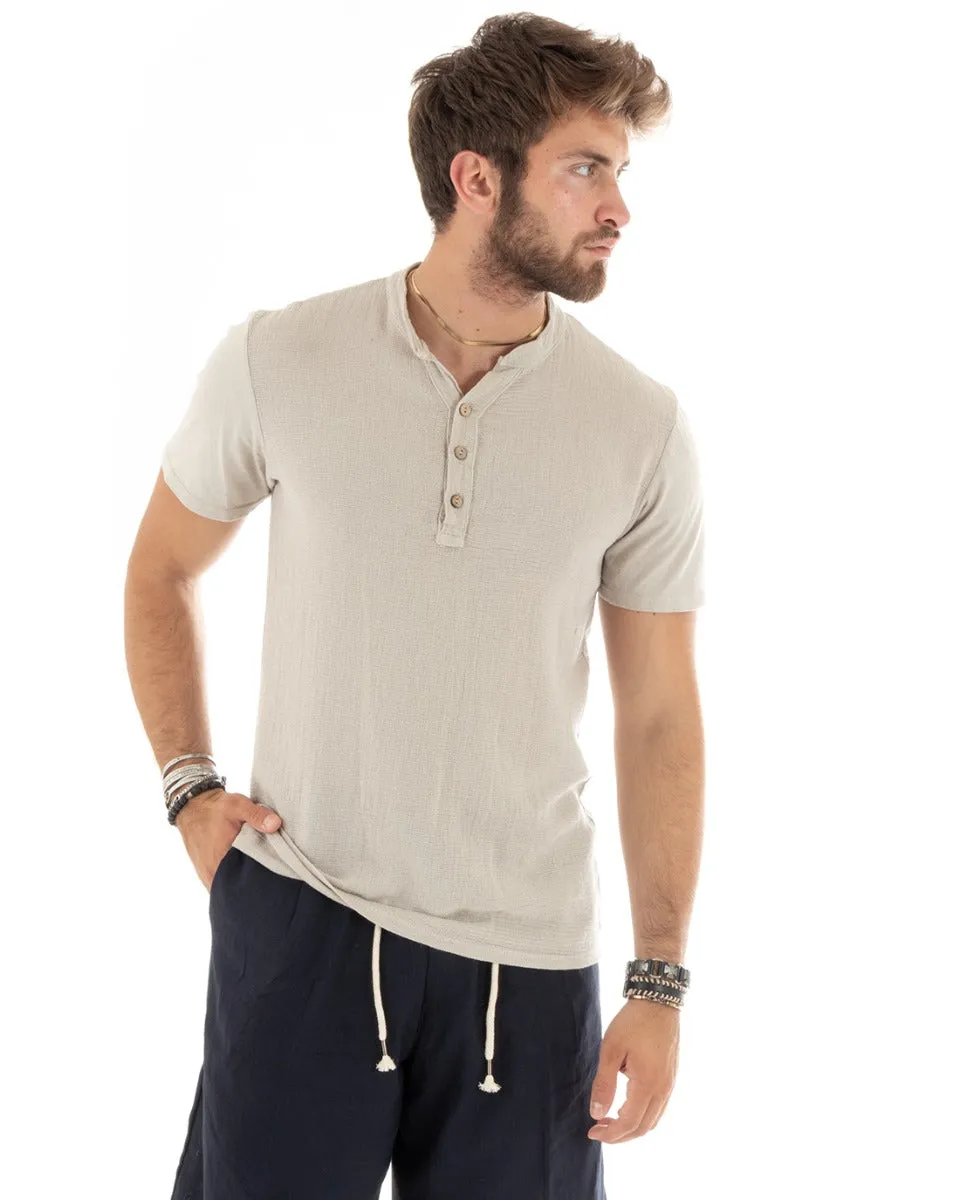 T-shirt Uomo Collo Serafino Bottoni Tinta Unita Manica Corta Cotone Beige Casual GIOSAL-TS2958A