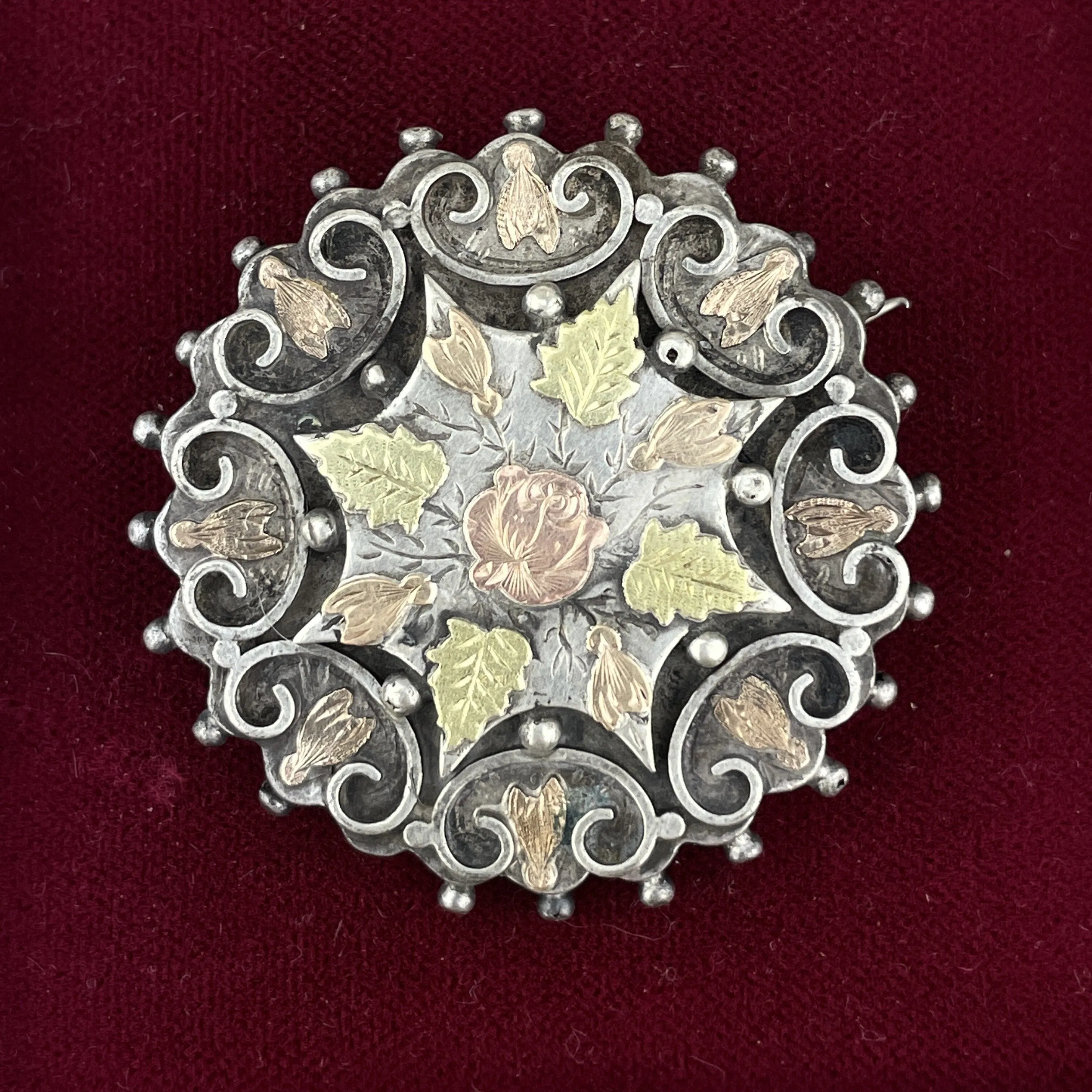 Victorian Silver Rose Yellow Gold Leaf Sweetheart Brooch