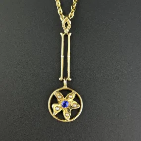 Vintage 10K Gold Simulated Sapphire Star Lavaliere Pendant Necklace