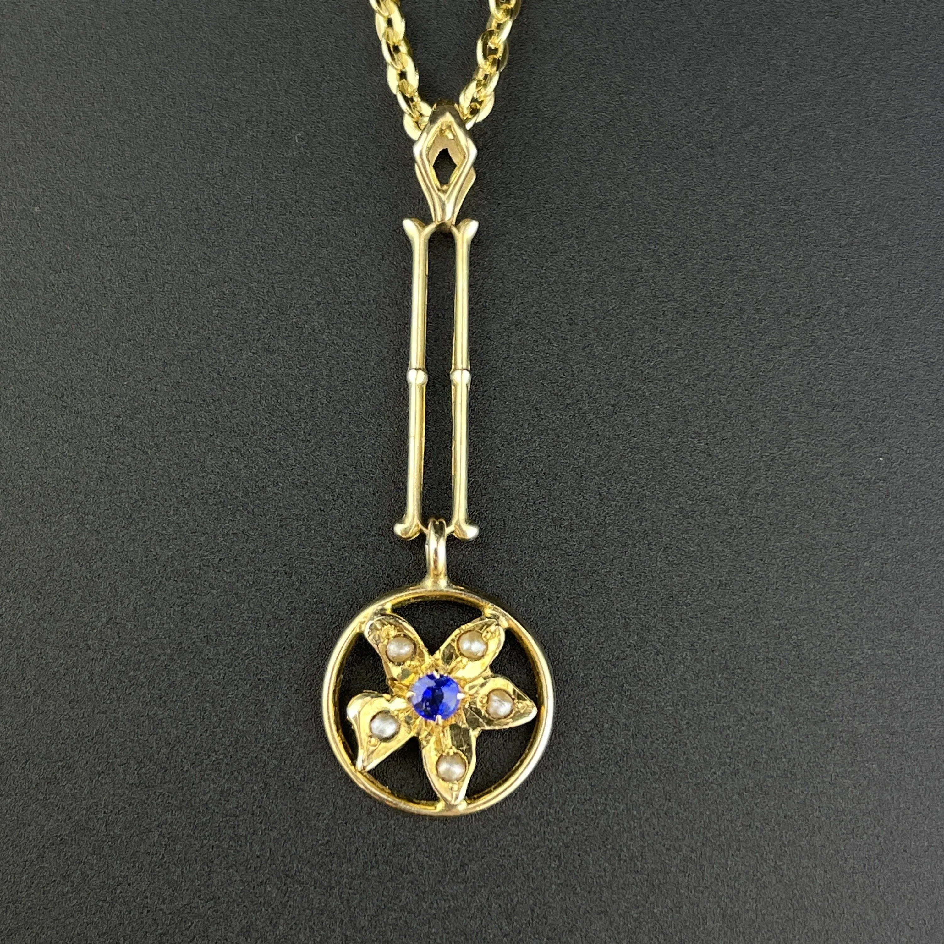 Vintage 10K Gold Simulated Sapphire Star Lavaliere Pendant Necklace