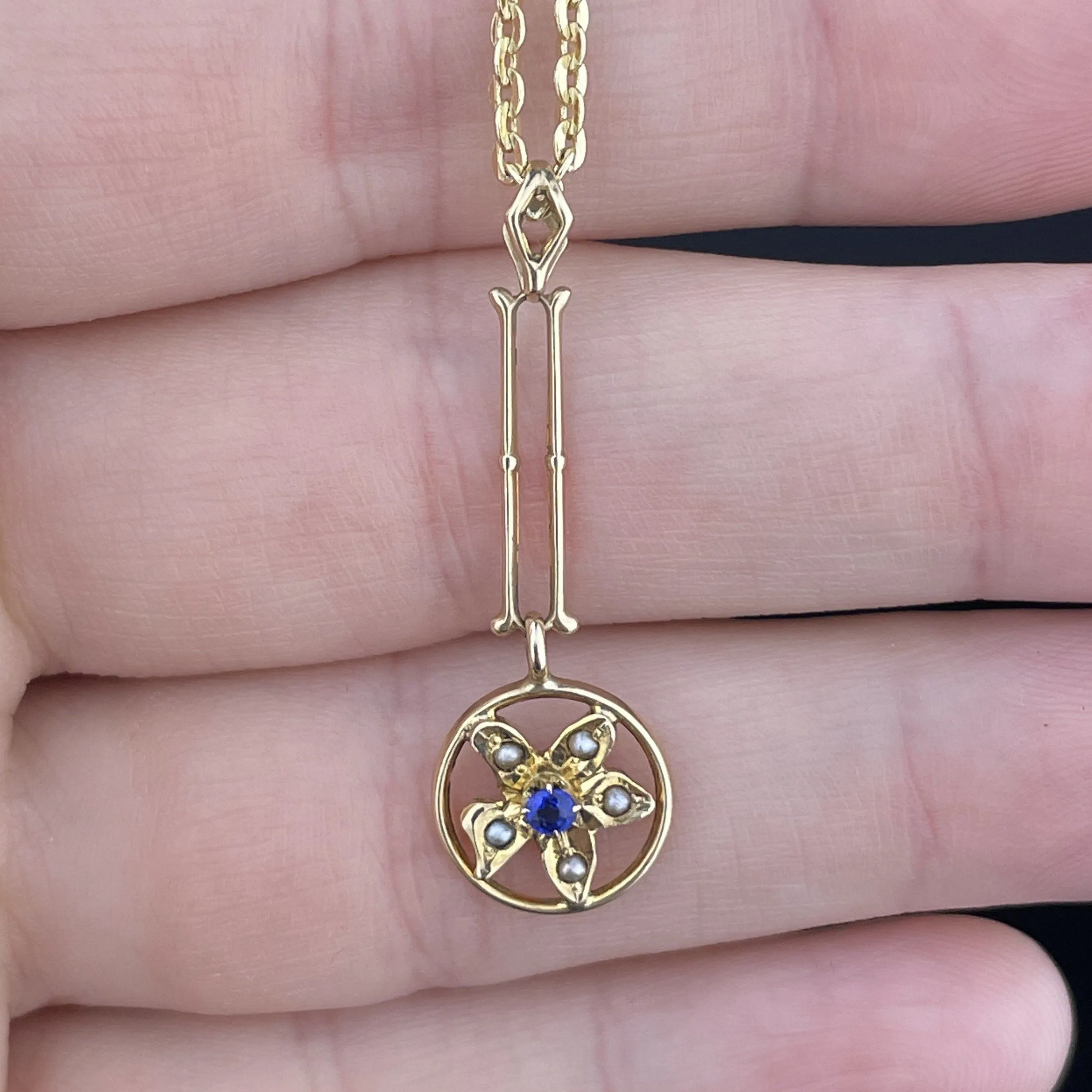 Vintage 10K Gold Simulated Sapphire Star Lavaliere Pendant Necklace