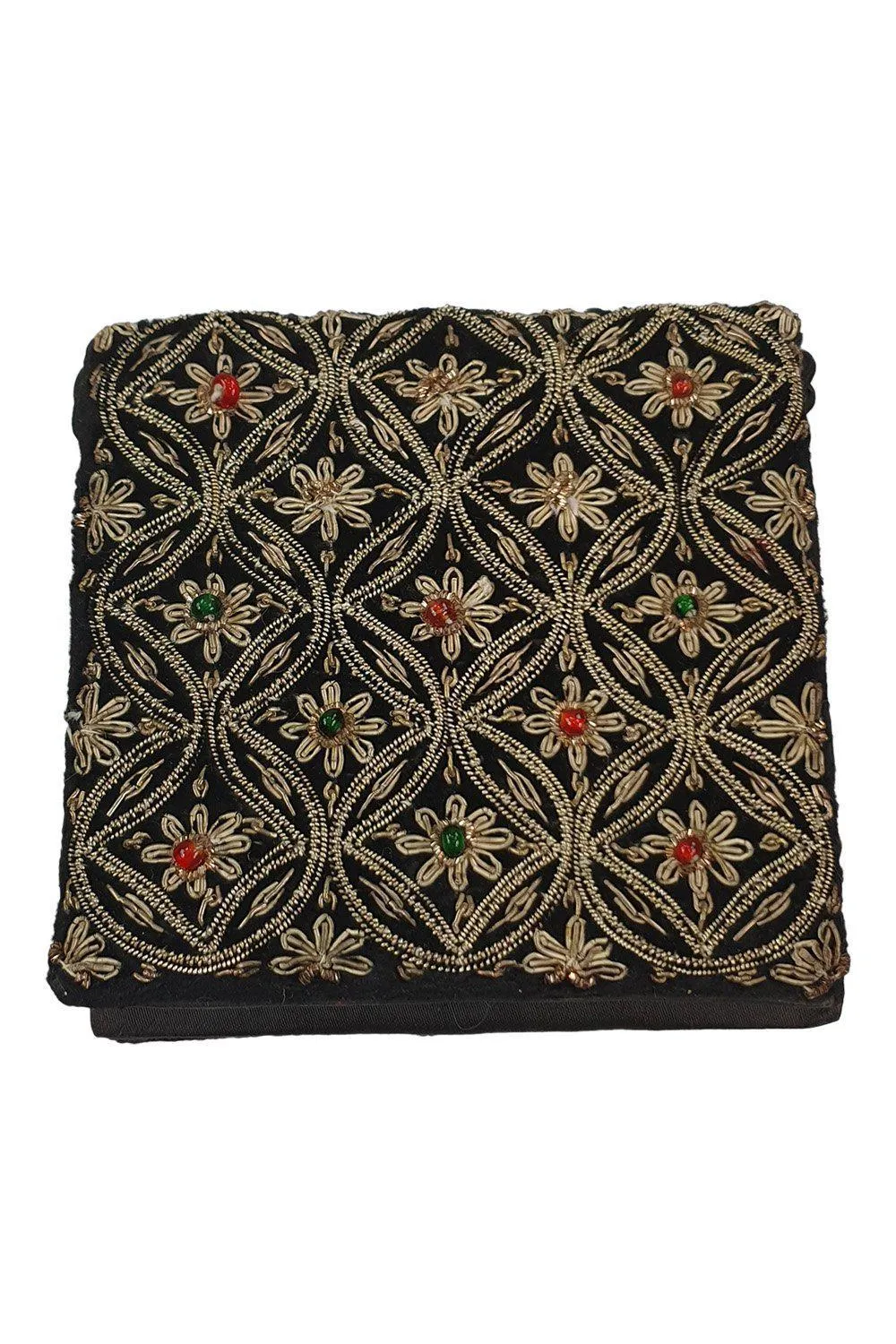 VINTAGE 1930s Small Black Velvet Square Embroidered Jewelled Zardozi Bag (S)