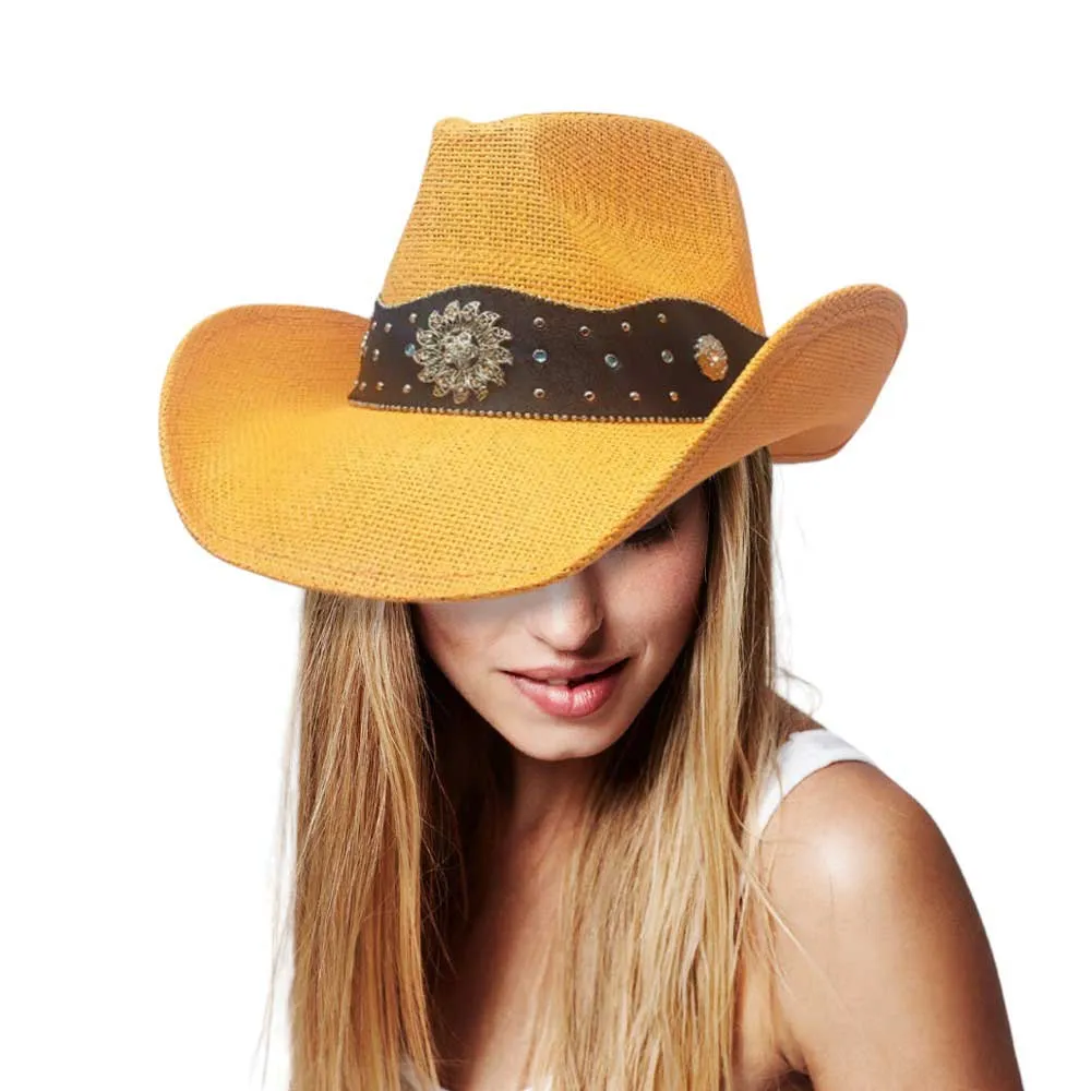 Vintage Metal Western Flower Pointed Leather Straw Cowboy Hat