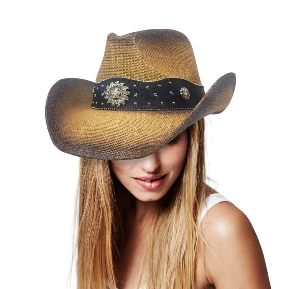 Vintage Metal Western Flower Pointed Leather Straw Cowboy Hat